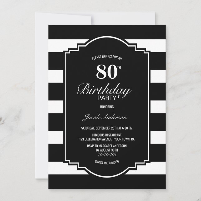 Black and White Striped 80th Birthday Party Invitation (Front)