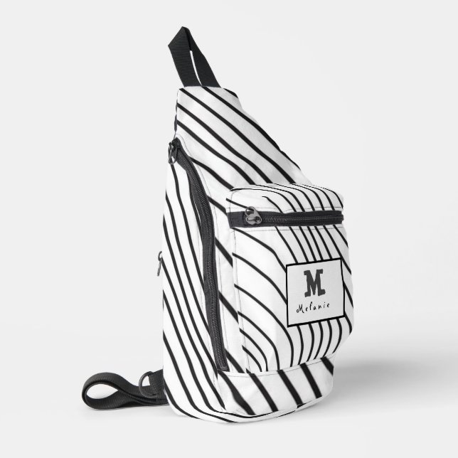 Black and white striped Abstract minimal Monogram  Sling Bag (Left Corner)