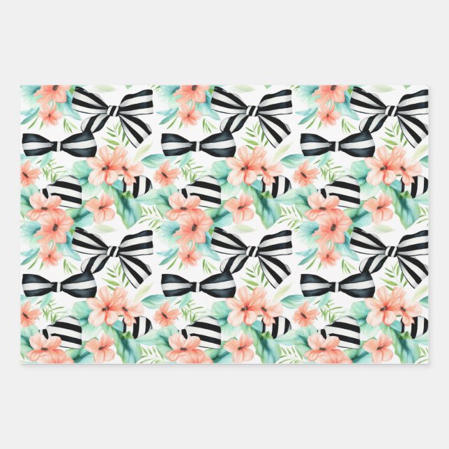 Black and White Striped Bows Coquette Pattern Wrapping Paper Sheet (Front 3)