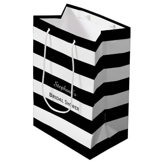Black and White Striped Bridal Shower Medium Gift Bag (Front Angled)