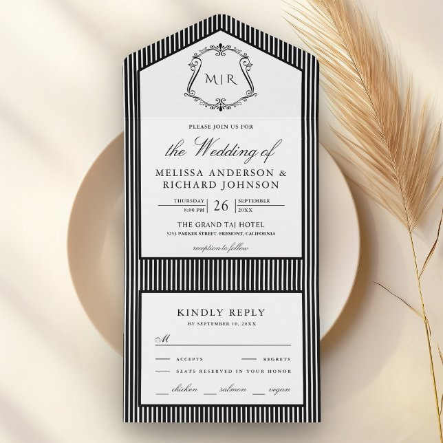 Black and White Striped Crest Monogram Wedding All In One Invitation (Creator Uploaded)