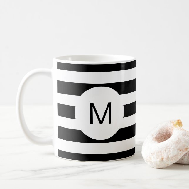 Black and White Striped (Custom Colour) Monogram  Coffee Mug (With Donut)