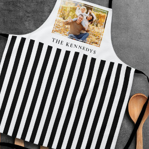 Black And White Striped Family Name Photo Apron