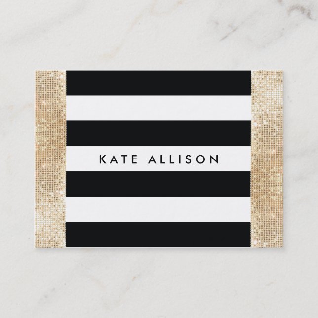 Black and White Striped FAUX Gold Sequin Beauty Business Card (Front)