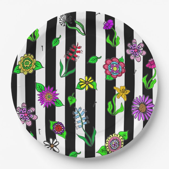 Black and White Striped Floral Paper Plate (Front)