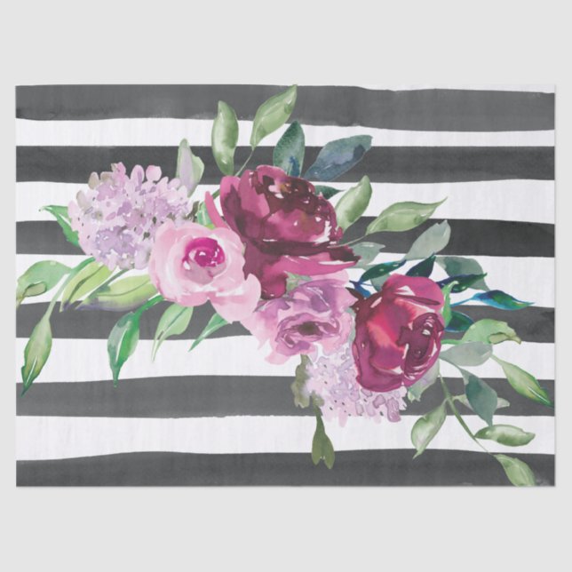 Black and White Striped Floral Tissue Paper (Front)