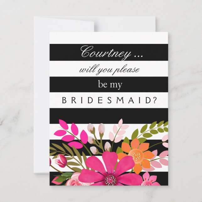 Black and White Striped Flowers Bridesmaid Request Invitation (Front)