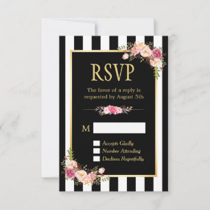 Black and White Striped Flowers Gold Frame RSVP Card