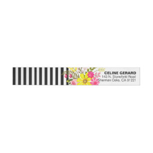 Black and White Striped Folklore Flowers   yellow Wraparound Address Label