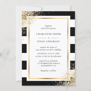 Black and White Striped Gold Confetti Wedding Invitation