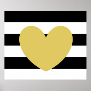 Black and White Striped, Gold Heart 24"x20" Poster