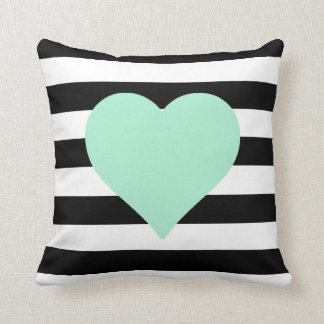 Black and White Striped Mint Heart Throw Pillow