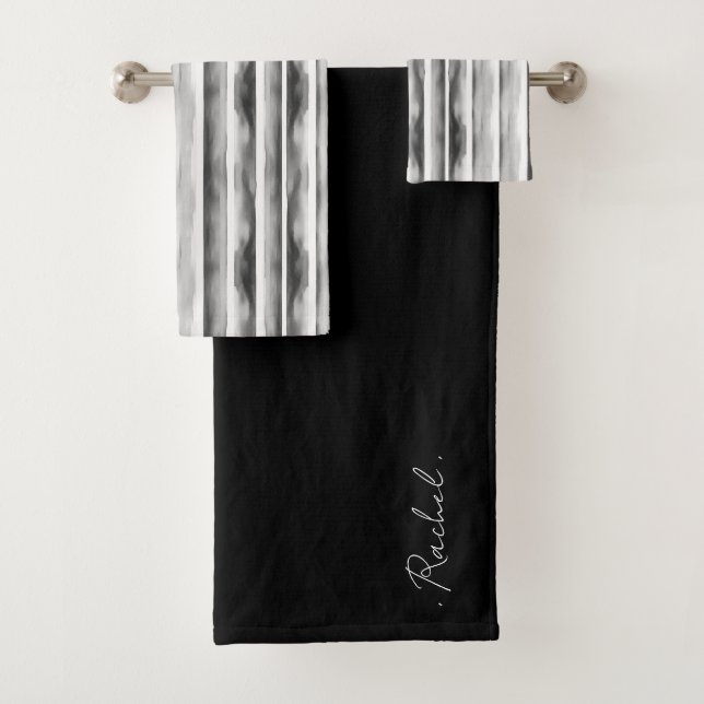 Black and White Striped Monogram Bath Towel Set (Insitu)