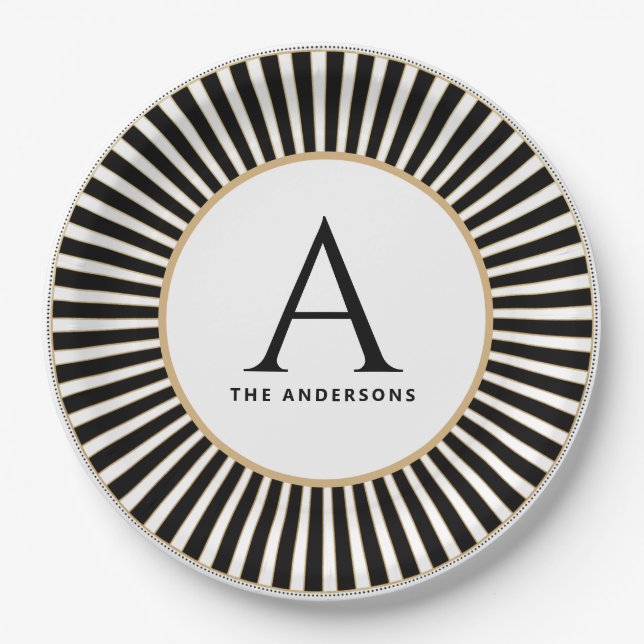 Black and White Striped Monogram Plate (Front)