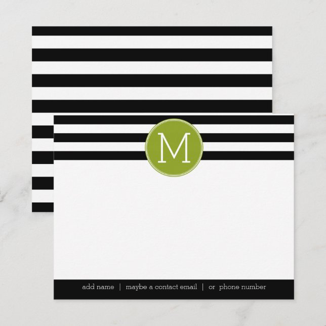 Black and White Striped Monogram Thank You Note Invitation (Front/Back)