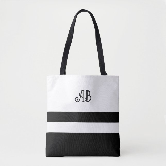 Black and White Striped Monogram Tote Bag (Front)