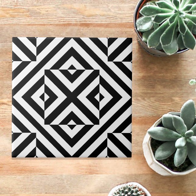 Black and White Striped Op Art Geometric Pattern Tile (Creator Uploaded)