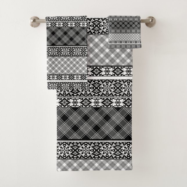 Black and white striped patchwork with lace bath towel set (Insitu)