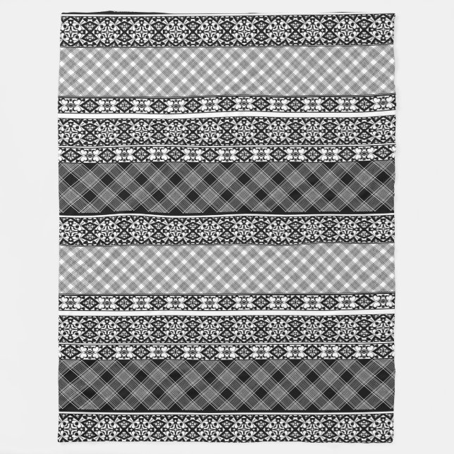 Black and white striped patchwork with lace fleece blanket (Front)