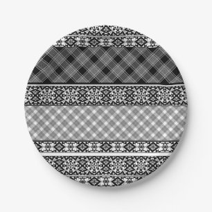 Black and white striped patchwork with lace paper plate