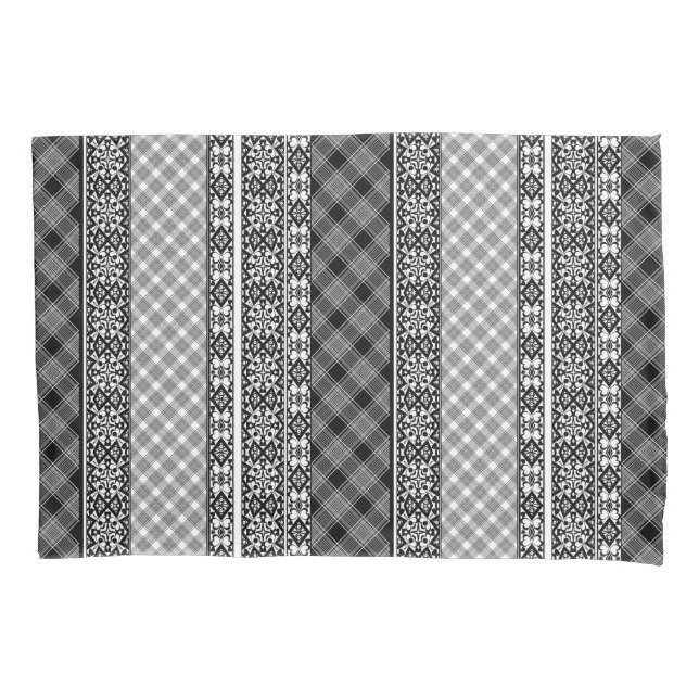Black and white striped patchwork with lace pillowcase (Front)