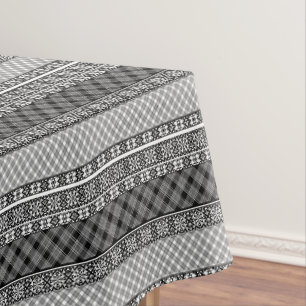 Black and white striped patchwork with lace tablecloth