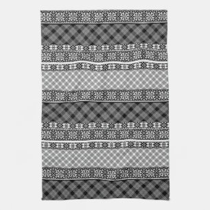 Black and white striped patchwork with lace tea towel