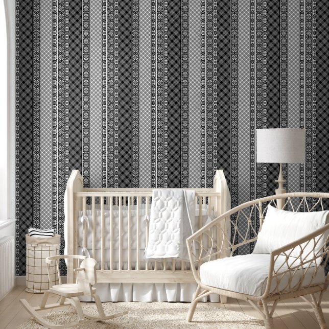 Black and white striped patchwork with lace wallpaper (Kids)
