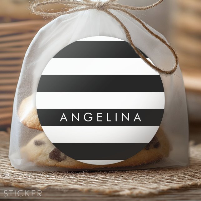 Black and White Striped Pattern Custom Name Classic Round Sticker (Custom Sticker for Party Favors and Envelopes)