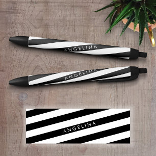Black and White Striped Pattern Custom Name Ink Pen