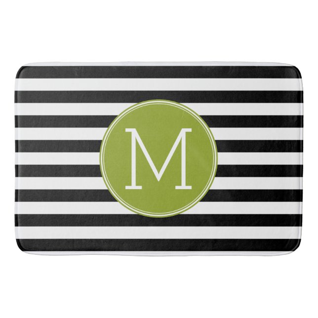 Black and White Striped Pattern Green Monogram Bath Mat (Front)