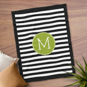 Black and White Striped Pattern Green Monogram Fleece Blanket