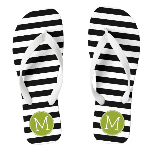 Black and White Striped Pattern Green Monogram Flip Flops (Footbed)