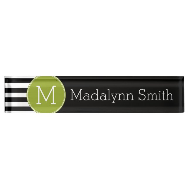 Black and White Striped Pattern Green Monogram Nameplate (Front)