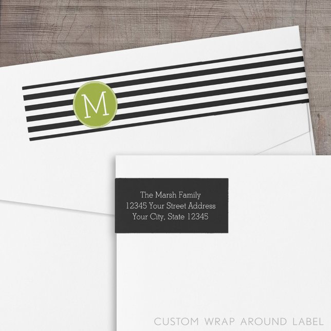Black and White Striped Pattern Green Monogram Wrap Around Label (Custom Return Address Label with a Wrap Around Feature)