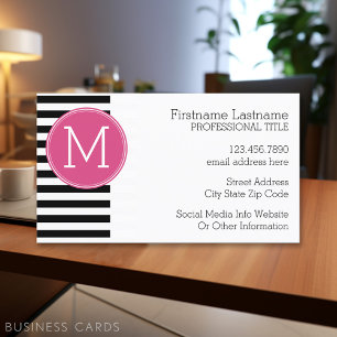 Black and White Striped Pattern Hot Pink Monogram Business Card
