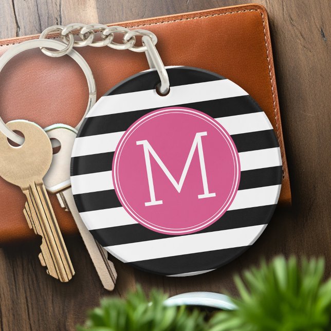Black and White Striped Pattern Hot Pink Monogram Key Ring (Personalized Keychain - pink and black with monogram)