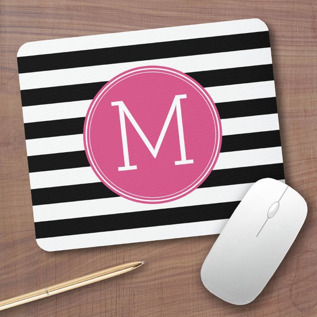 Black and White Striped Pattern Hot Pink Monogram Mouse Mat (Custom Mousepad)
