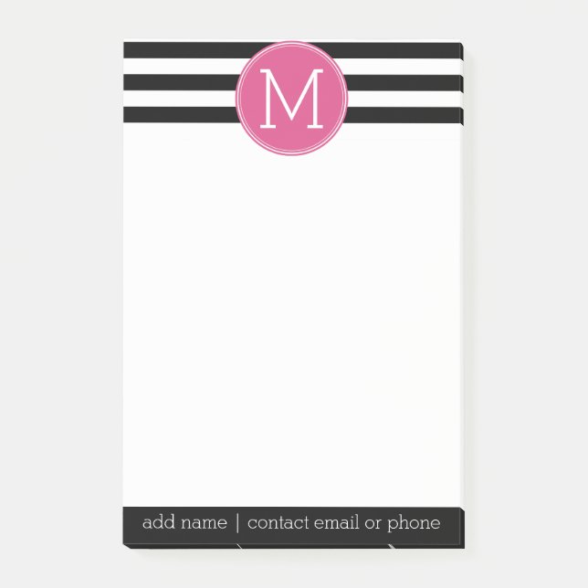 Black and White Striped Pattern Hot Pink Monogram Post-it Notes (Front)