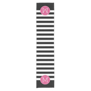 Black and White Striped Pattern Hot Pink Monogram Short Table Runner