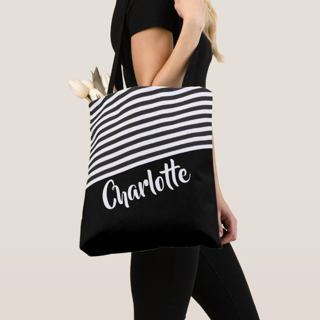 Black and White Striped Pattern Personalised Tote Bag (Close Up)