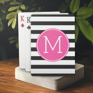 Black and White Striped Pattern Pink Monogram Playing Cards