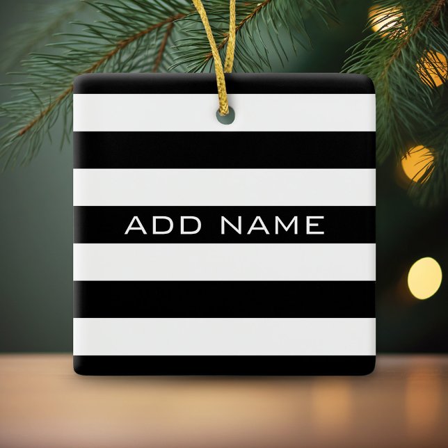 Black and White Striped Pattern with Name Ceramic Tree Decoration (Personalized ornament)
