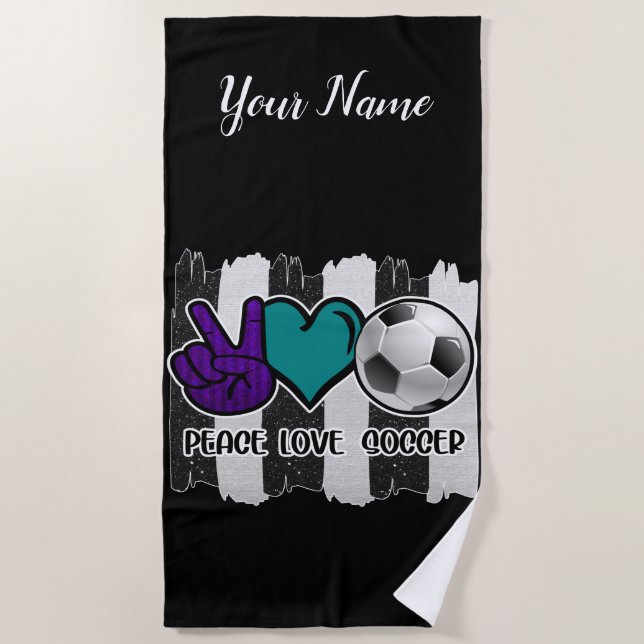 Black and White Striped Peace Love Soccer Beach Towel (Front)
