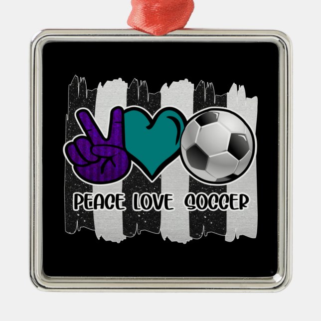 Black and White Striped Peace Love Soccer Metal Tree Decoration (Front)