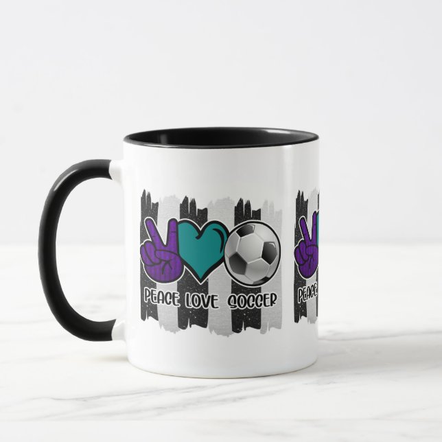 Black and White Striped Peace Love Soccer Mug (Left)