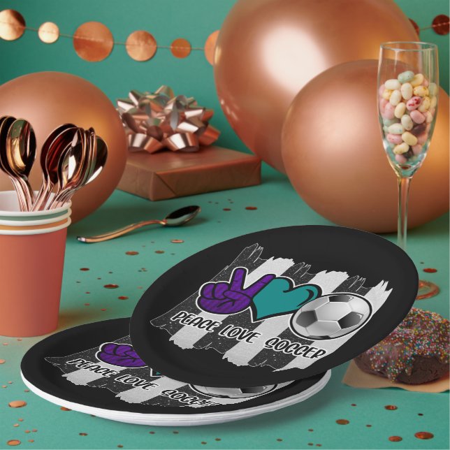 Black and White Striped Peace Love Soccer Paper Plate (Multi)