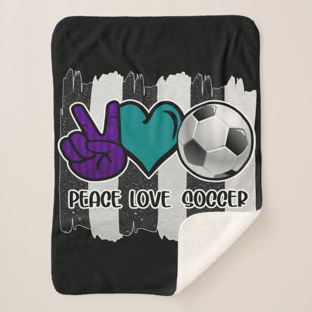 Black and White Striped Peace Love Soccer Sherpa Blanket (Front)