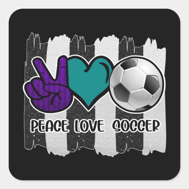 Black and White Striped Peace Love Soccer Square Sticker (Front)