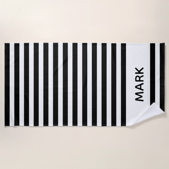 Black And White Striped Personalised Beach Towel (Front)